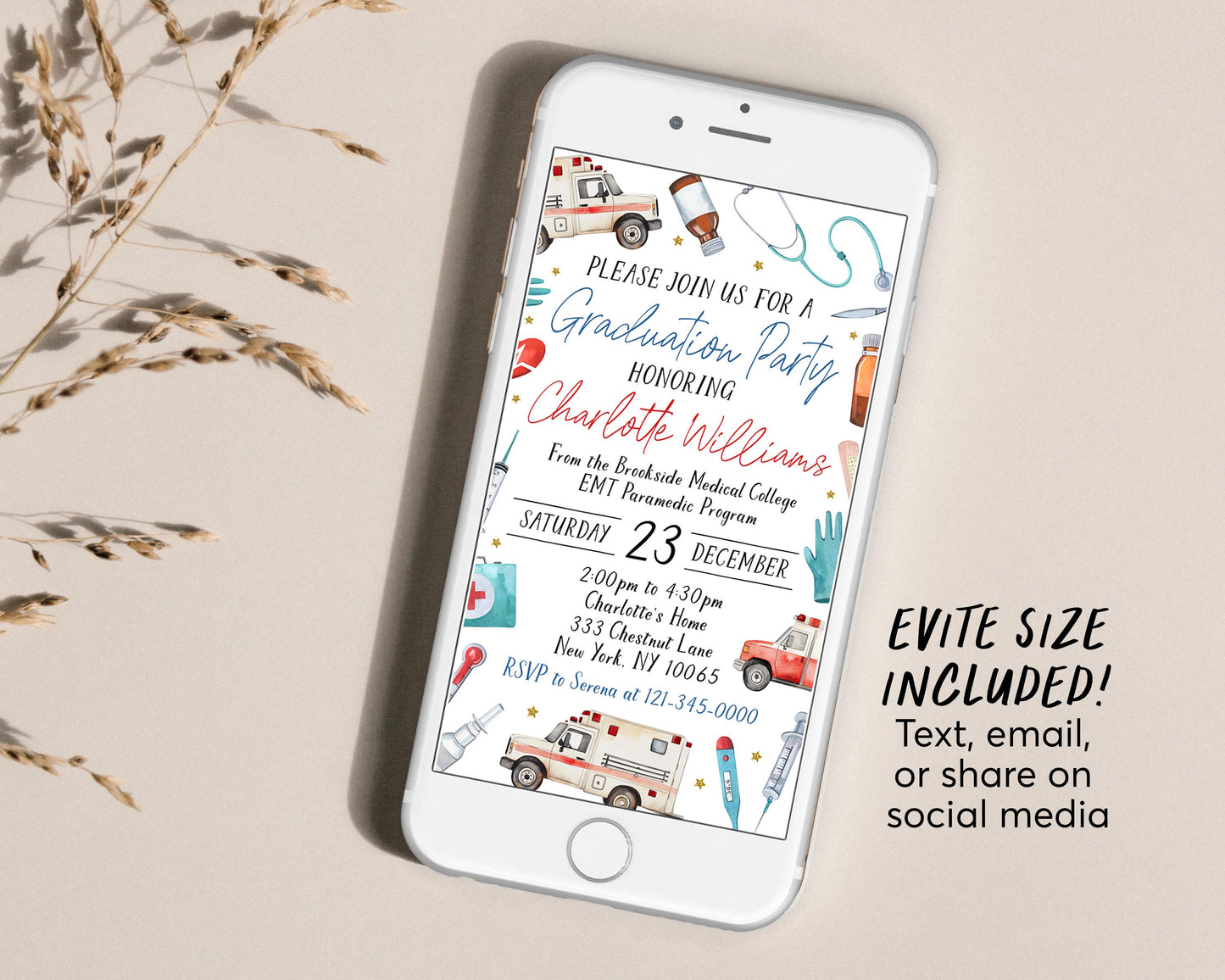 Paramedic EMT Graduation Invitation With Photo Editable Template, EMT Certification Grad Announcement Party Invite, Emergency Medical Evite