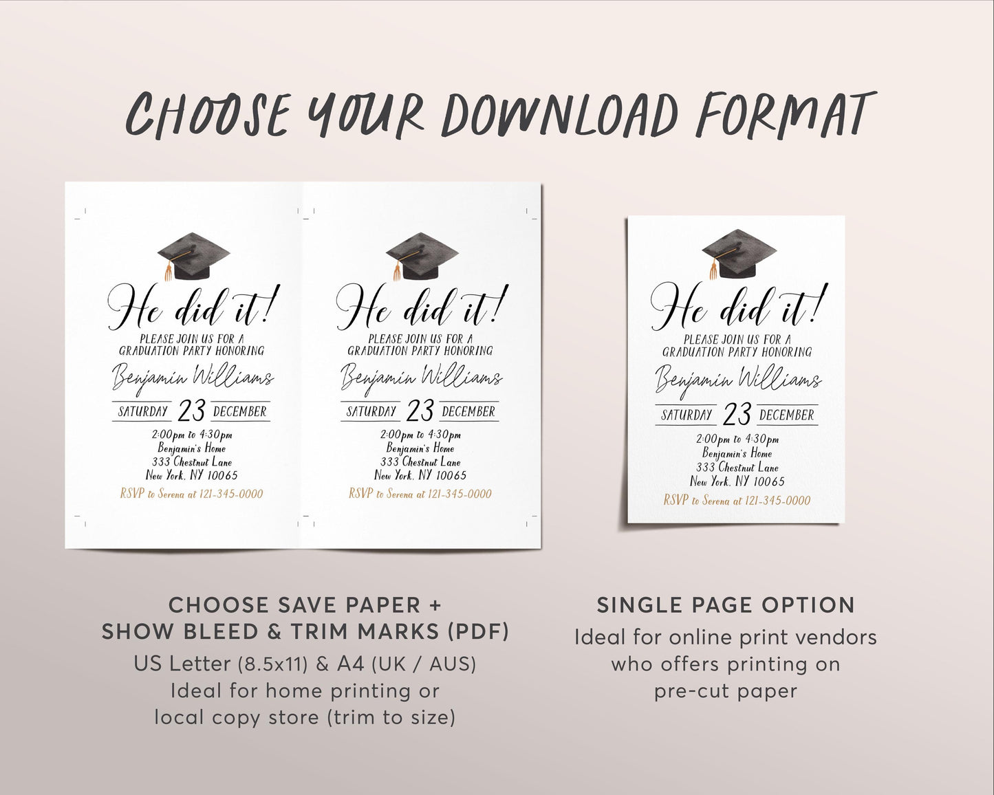 Graduation Invitation Editable Template, He did it Graduation Announcement Party Invite for Him, Minimalist Grad College High School Evite