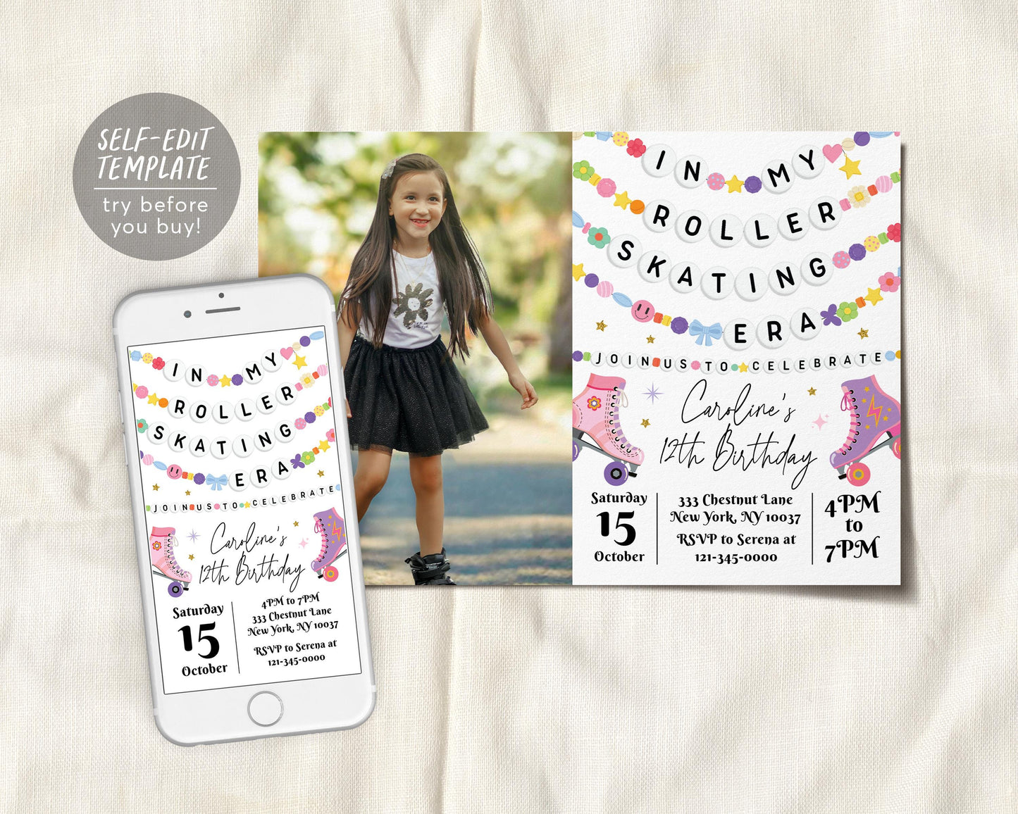 In My Roller Skating Era Birthday Invitation With Photo Editable Template
