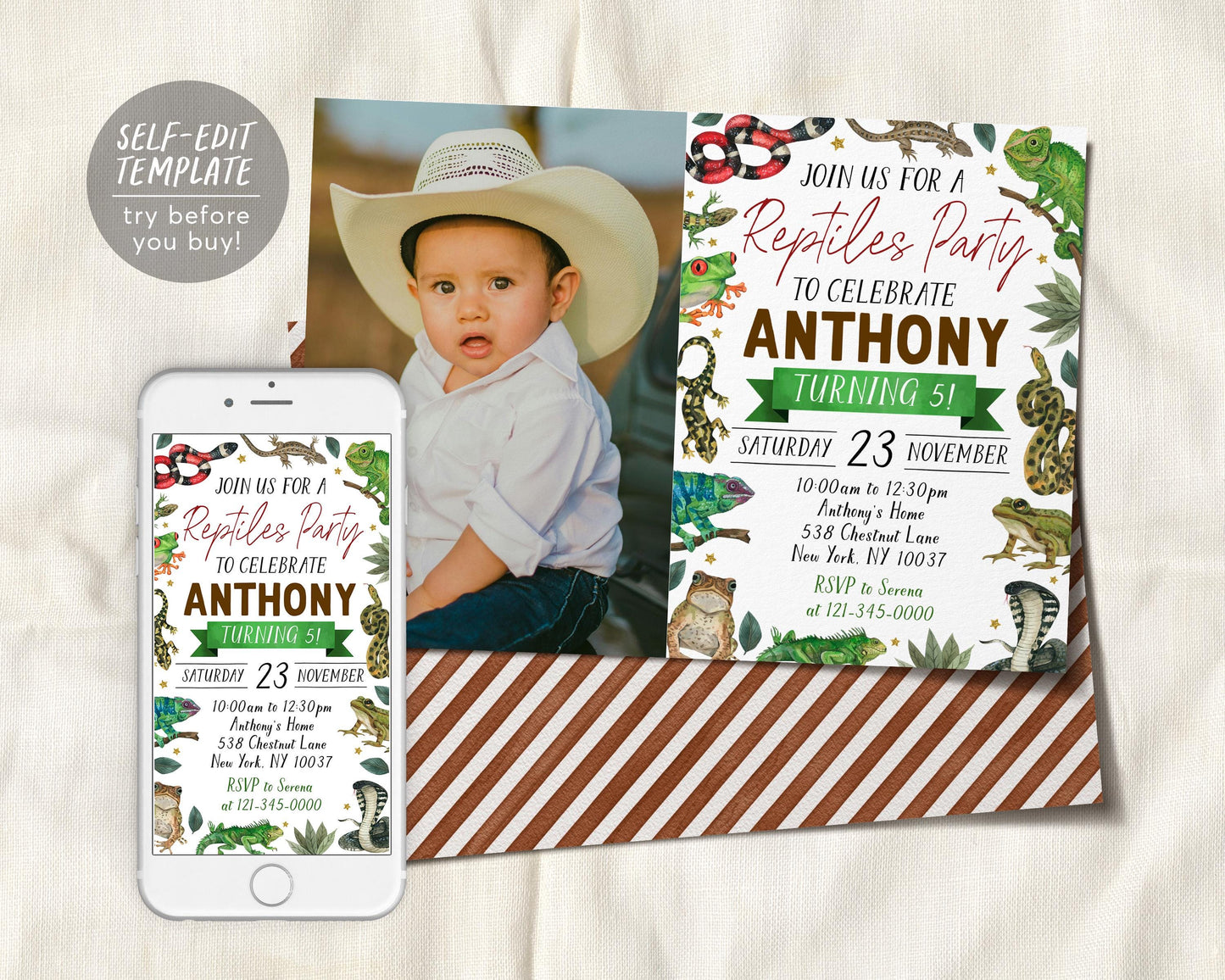 Reptiles Birthday Invitation With Photo Editable Template