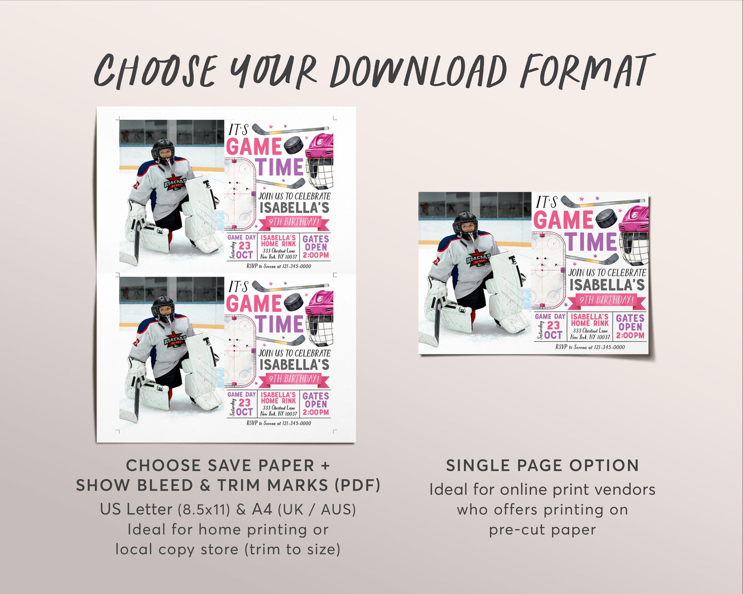 Ice Hockey Birthday Invitation With Photo Editable Template, Pink Ice Skating Rink Hockey Theme Invite, Girl Sports It's Game Time Evite