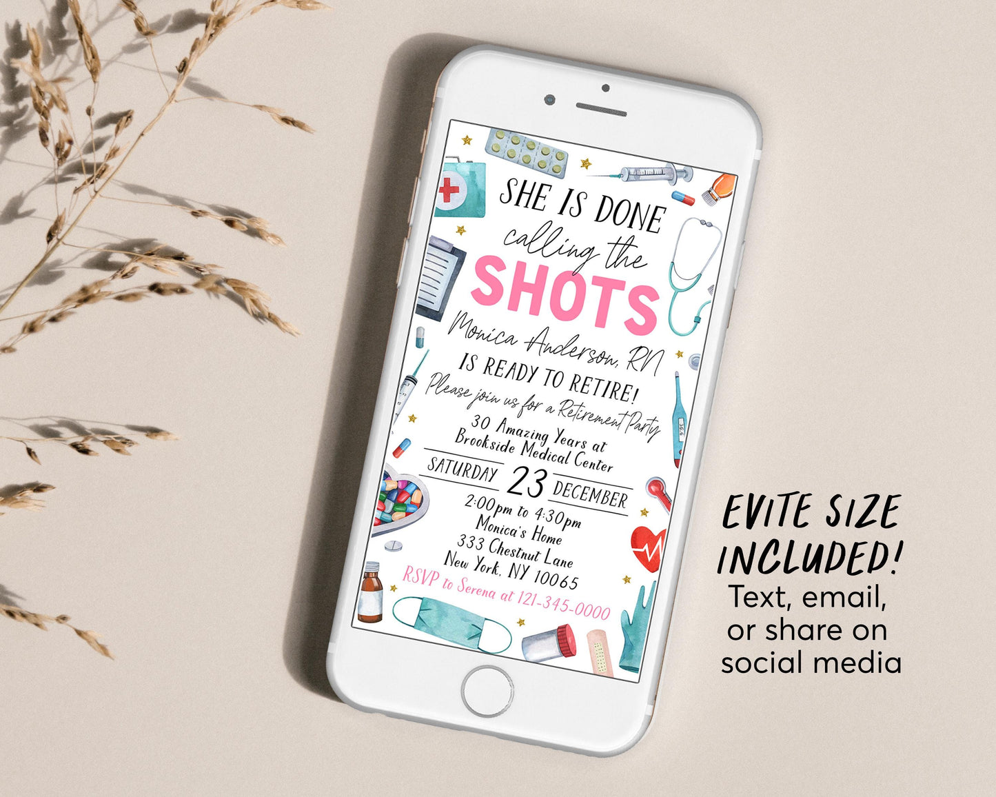 Nurse Retirement Invitation With Photo Editable Template, She Is Done Calling The Shots Retire Invite, RN Retirement Party Medical Evite