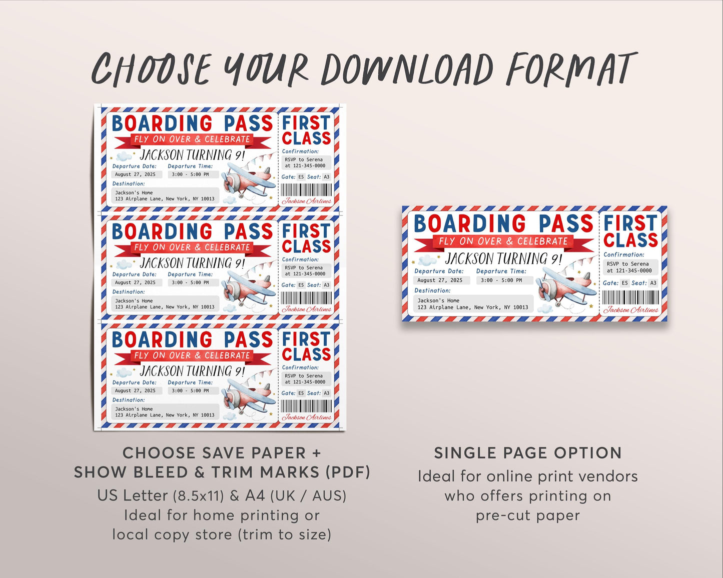 Airplane Birthday Ticket Invitation Editable Template, Plane Boarding Pass Party Invite, First Class Travel Flight Airline Ticket Evite