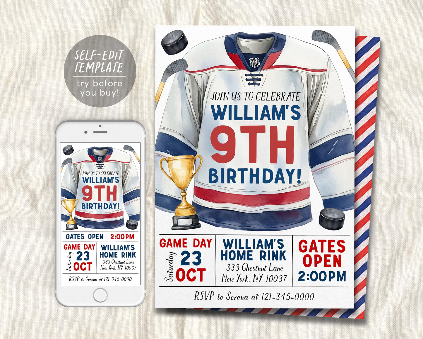 Hockey Birthday Invitation Editable Template