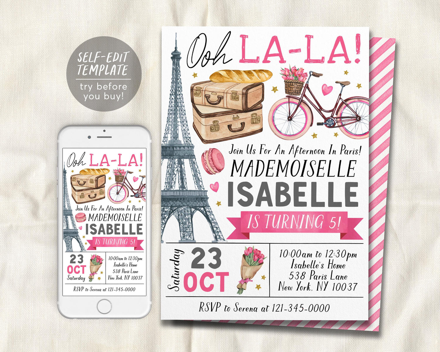 Paris Theme Birthday Invitation Editable Template