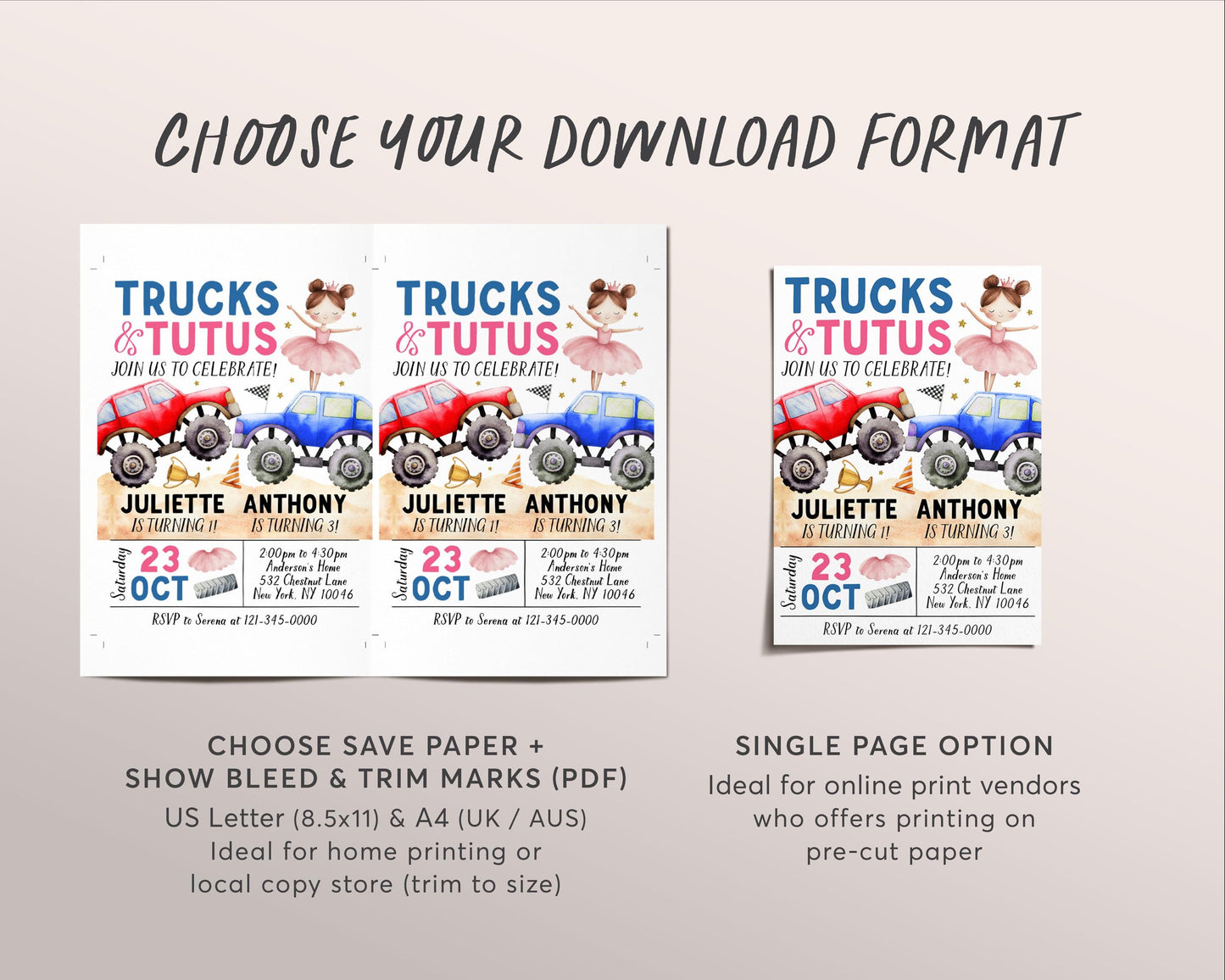 Monster Trucks And Tutus Joint Siblings Birthday Invitation Editable Template, Boy Girl Twins Monster Truck And Ballet Party Invite Evite,