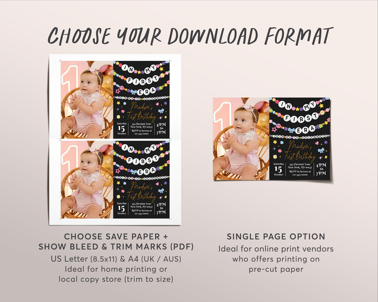 In My First Era Invitation With Photo Editable Template, First 1st Birthday Friendship Bracelet Party Invite, Girl Eras Black Gold Evite