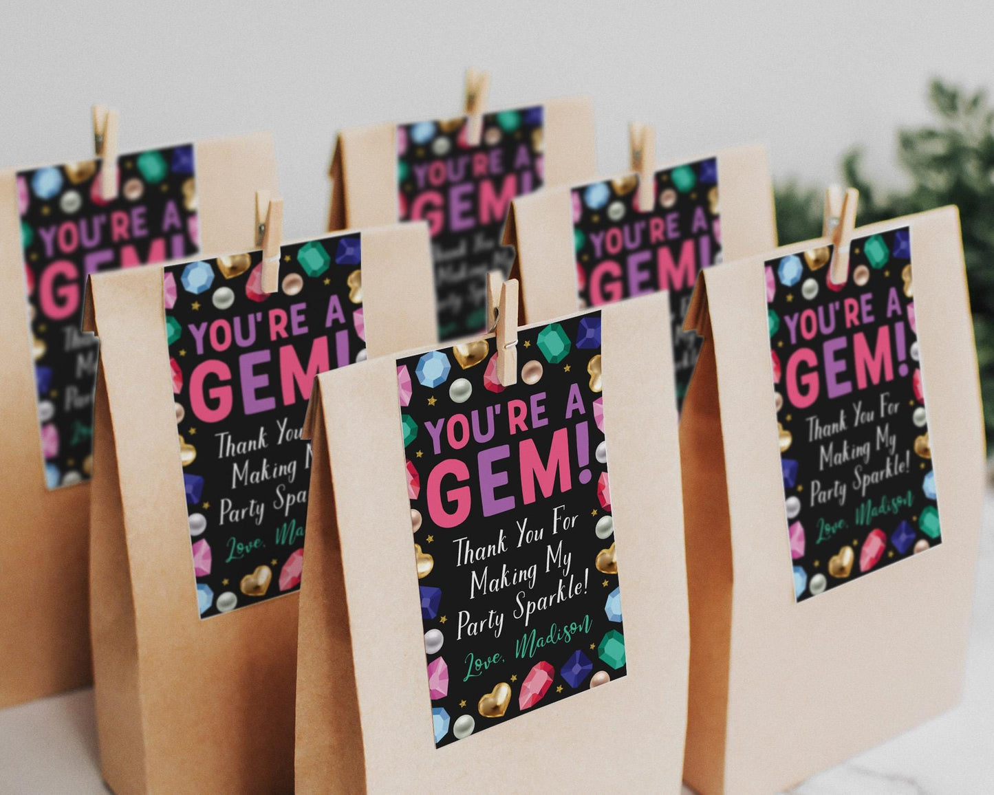 Gemstone Birthday Favor Tags Editable Template, You're a Gem Thank You Treat Bag, Kids Geode Rocks Crystal Gift Tags Labels Gemology Black