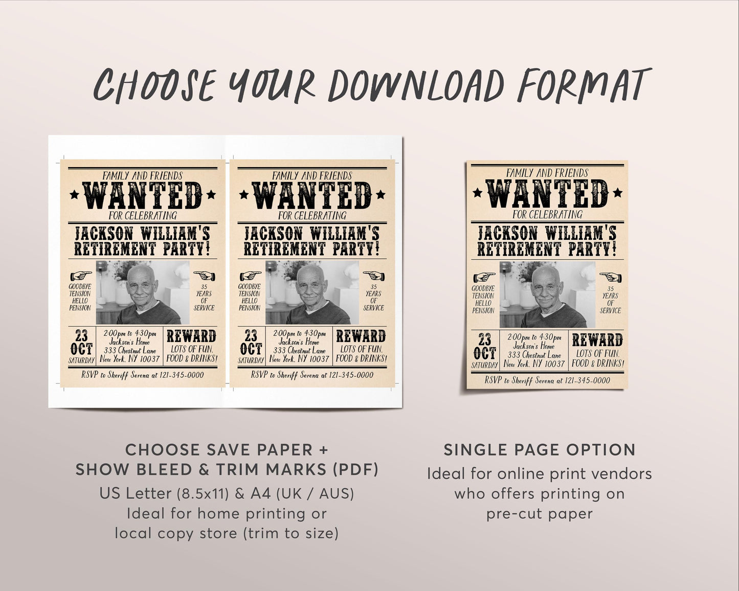 Retirement Wanted Poster Invitation Editable Template, Retire Western Surprise Party Any Job Newspaper Invite, Career Farewell Card Evite