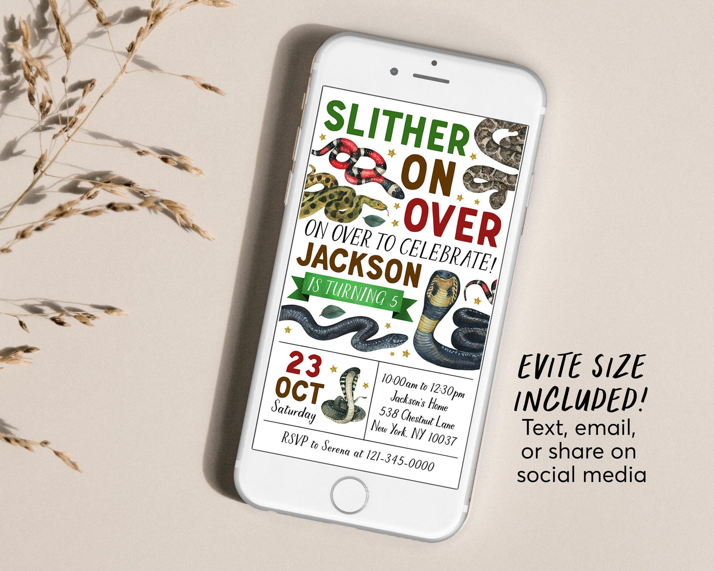 Snake Birthday Invitation Editable Template, Boy Slither On Over Reptile Show Nature Theme Party Invite, Kids Snakes And Cake Outdoor Evite