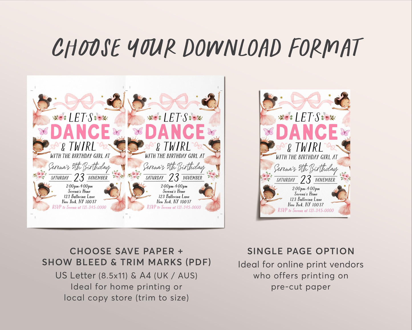 Ballerina Birthday Invitation Editable Template, Let's Dance And Twirl Invite, Kids Ballet Pink Tutu Black Ballerina Dance Floral Bow Evite