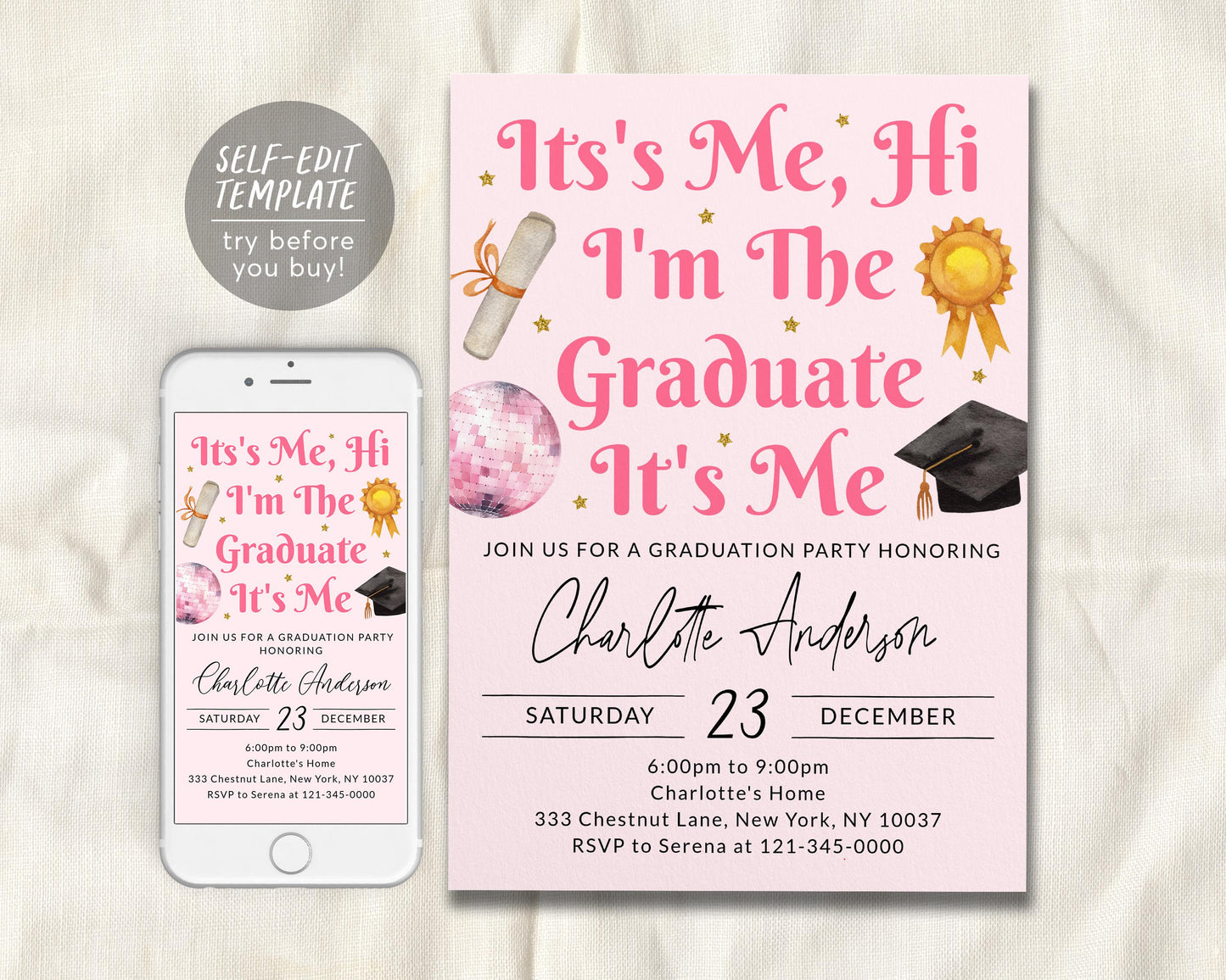 It's Me Hi I'm The Graduate Its Me Invitation Editable Template