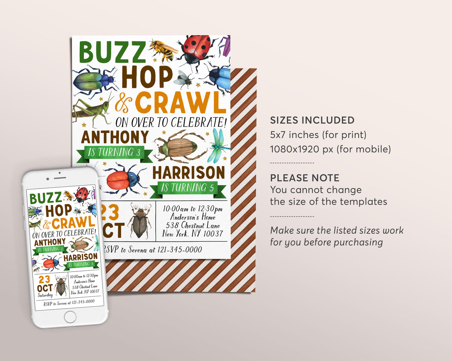 Insect Bugs Joint Siblings Birthday Invitation Editable Template, Twins Boy Brothers Buzz Hop Crawl Party Invite, Kids Bug Hunt Garden Evite