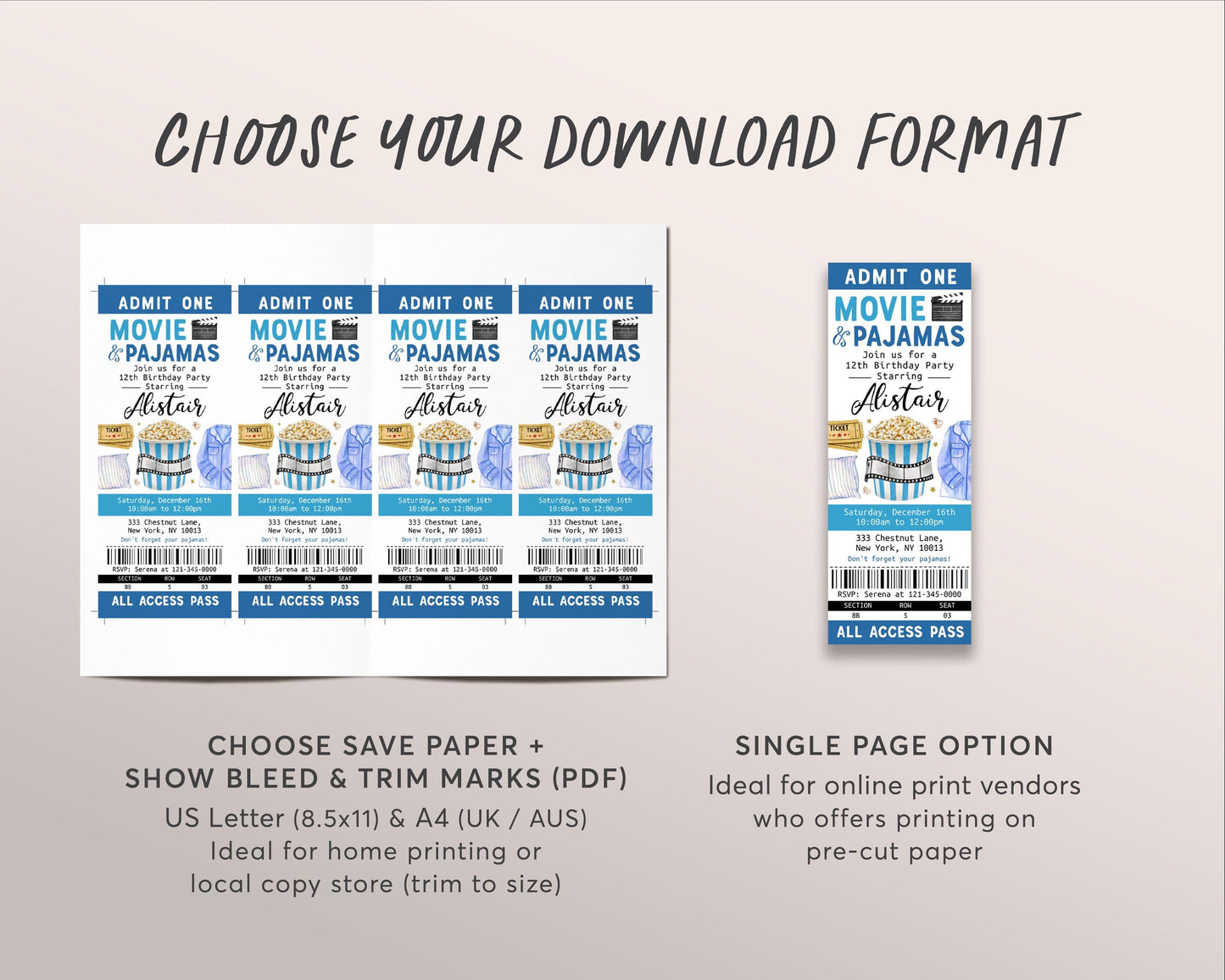 Movie and Pajamas Birthday Ticket Invitation Editable Template, Boy Kids Slumber Party Popcorn Cinema Movie Ticket Stub Party Invite Evite