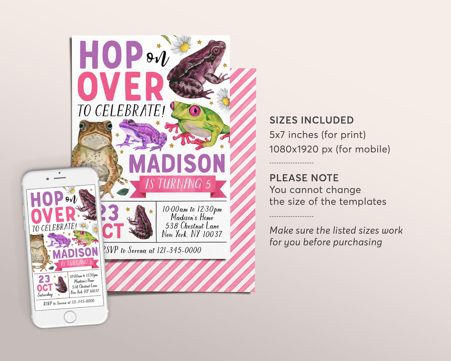 Frog Birthday Invitation Editable Template, Girl Hop On Over Frogs Theme Party Invite, Kids Swamp Pond Nature Amphibian Garden Outdoor Evite
