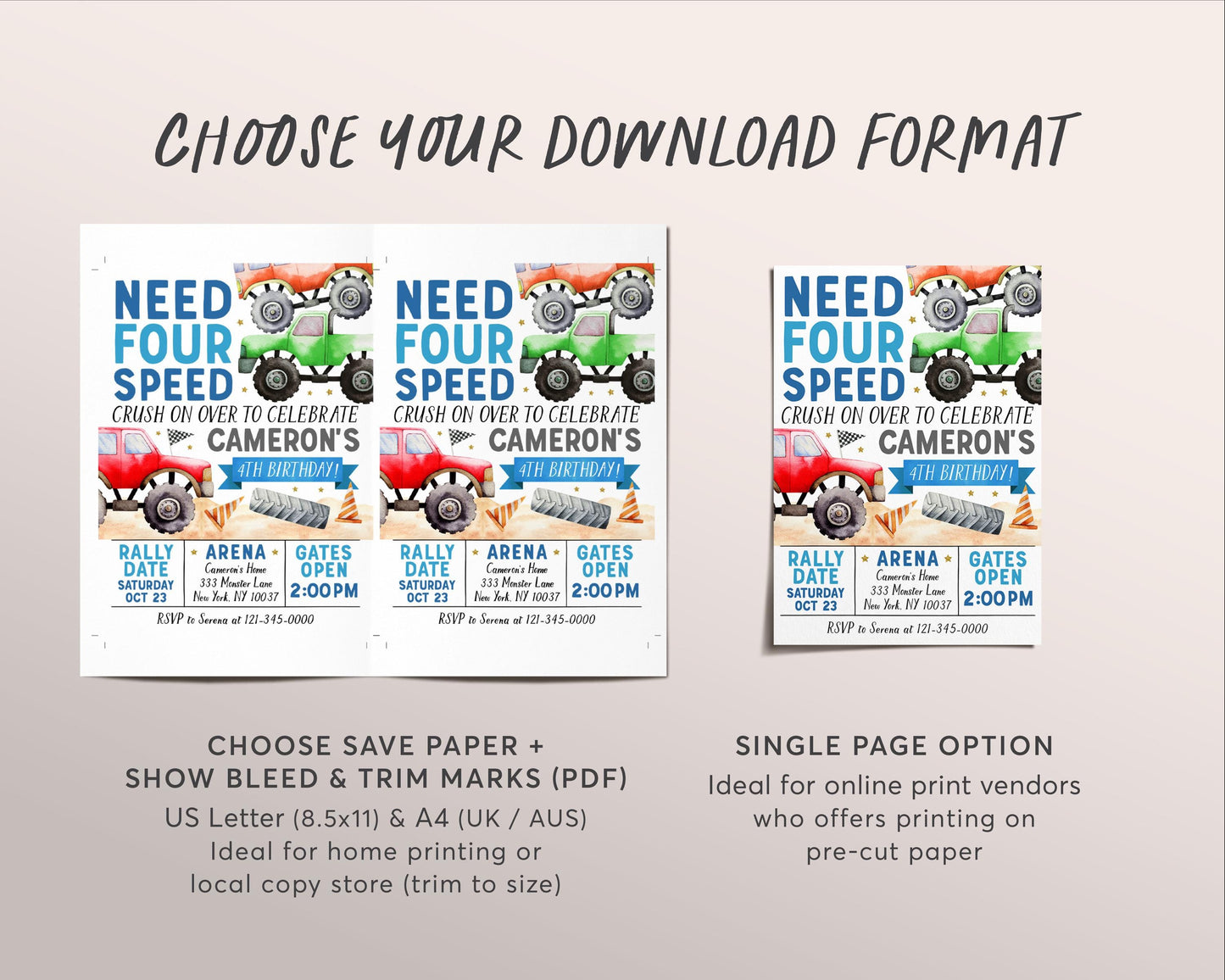 Monster Truck 4th Birthday Invitation Editable Template, Need Four Speed Party Bash Invite, Crush On Over Fourth Birthday Evite Printable