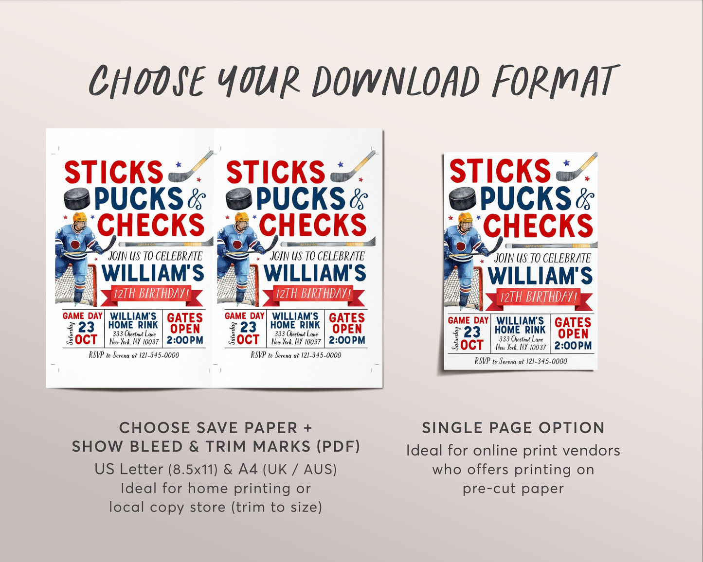 Ice Hockey Birthday Invitation Editable Template, Sticks Pucks Checks Ice Skating Rink Hockey Invite, Sports It's Game Time Helmet Evite