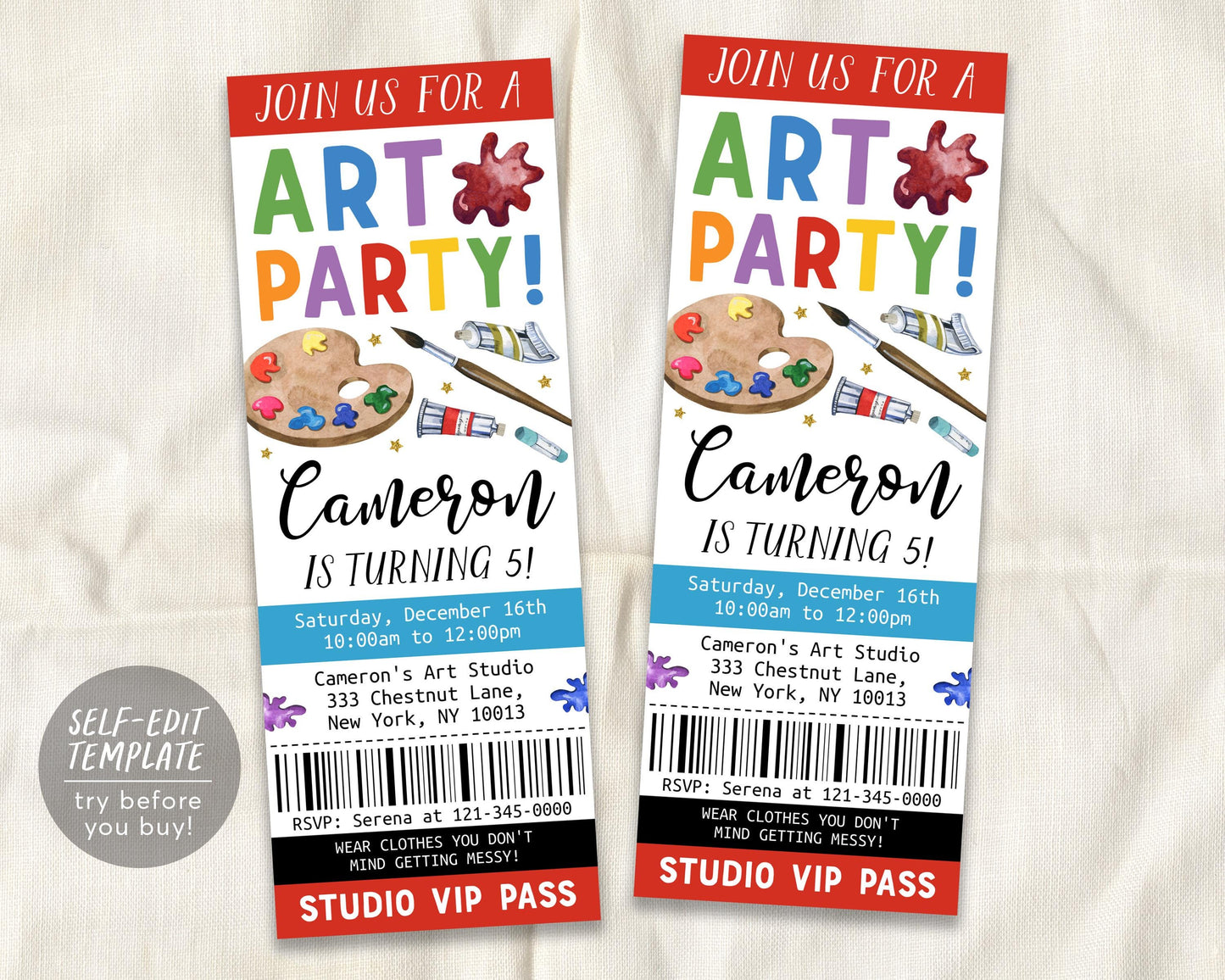 Art Party Birthday Ticket Invitation Editable Template