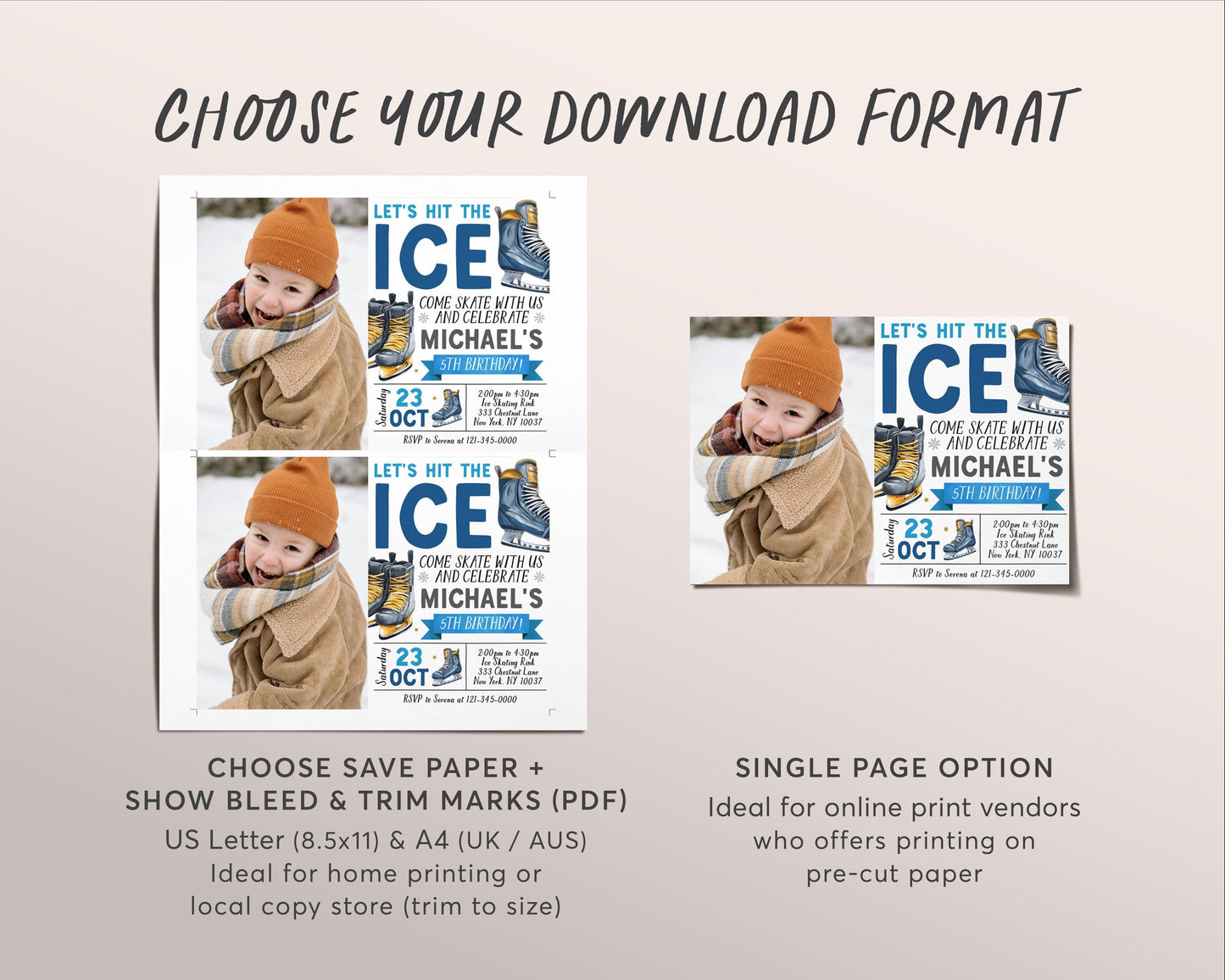 Ice Skating Birthday Invitation With Photo Editable Template, Boy Ice Hockey Skating Party Invite, Let's Hit The Ice Sports Skate Rink Evite