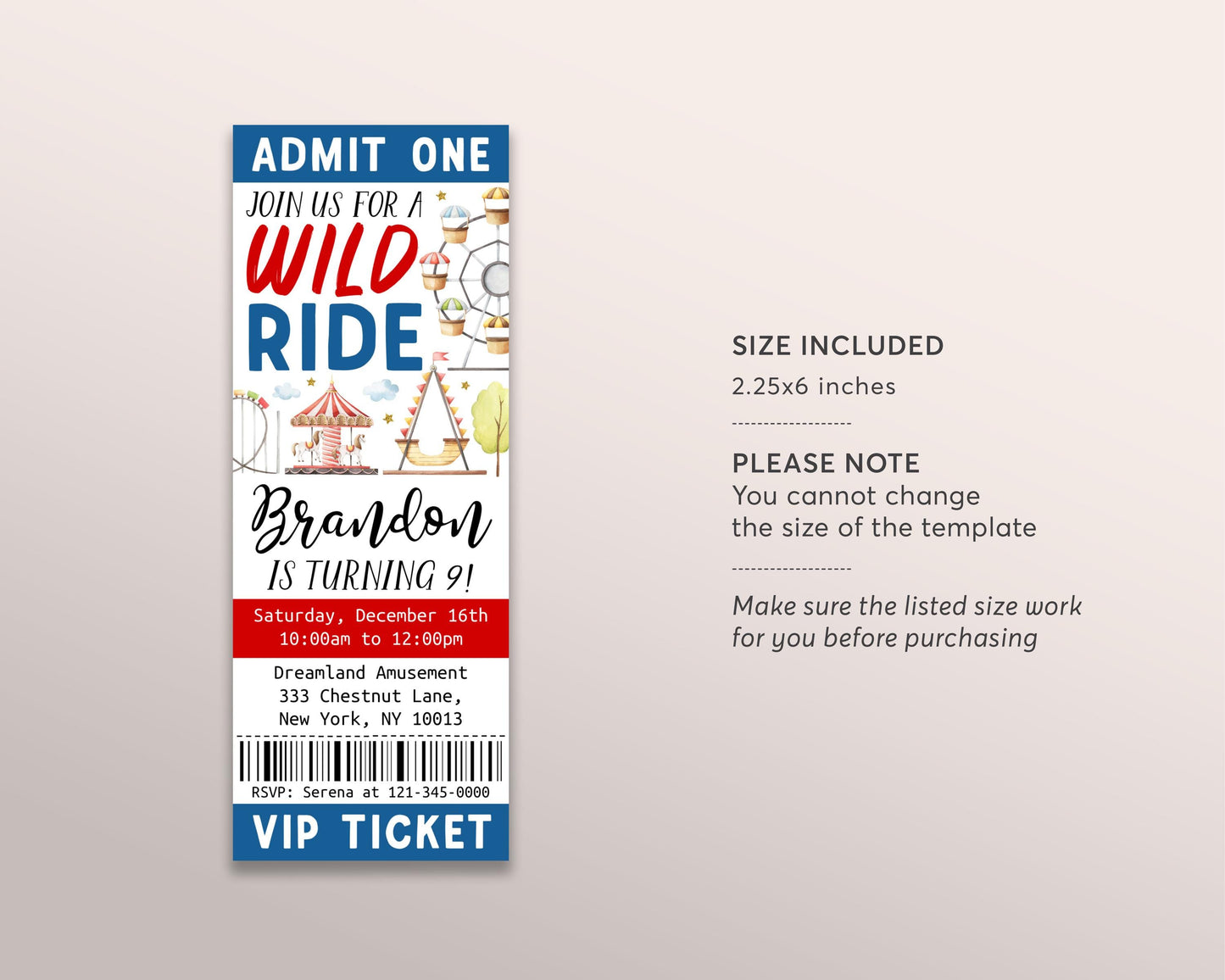 Amusement Park Birthday Ticket Invitation Editable Template, Theme Park Party Invite, Carnival Wild Ride Evite, Ferris Wheel Roller Coaster
