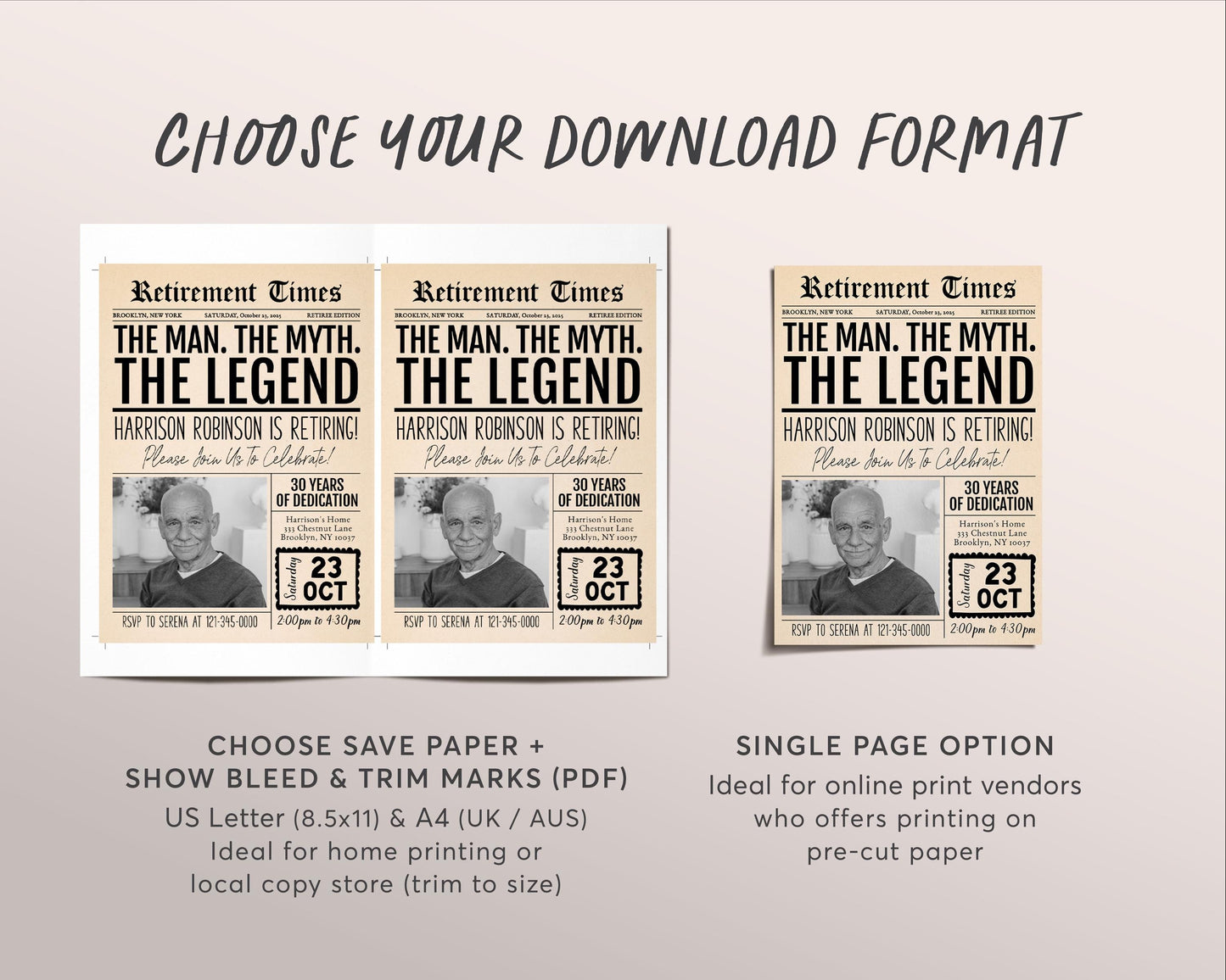 The Man The Myth The Legend Retirement Invitation Editable Template, Funny Retirement Vintage Newspaper Party Invite, Career Farewell Evite