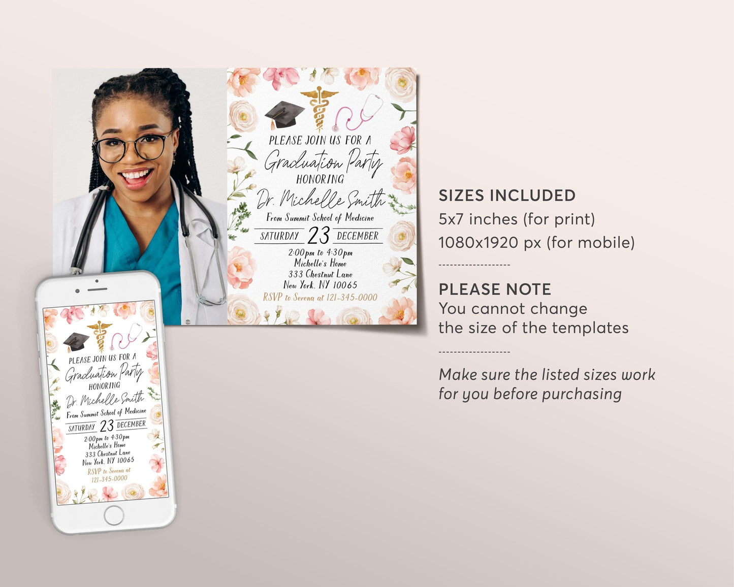 Doctor Graduation Invitation With Photo Editable Template, Floral Medical School Grad Announcement Party Invite for Her, Physician MD DR