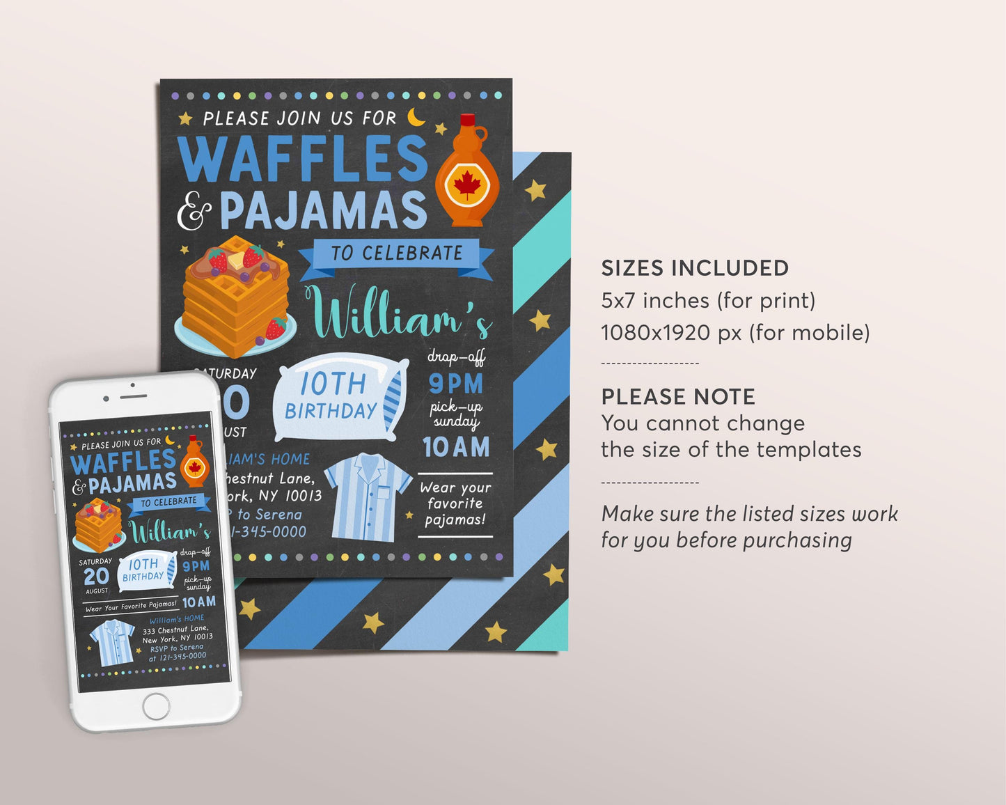 Waffles and Pajamas Party Birthday Invitation Editable Template, Boy Waffle And PJs Slumber Party Invite, Breakfast Brunch Sleepover Evite