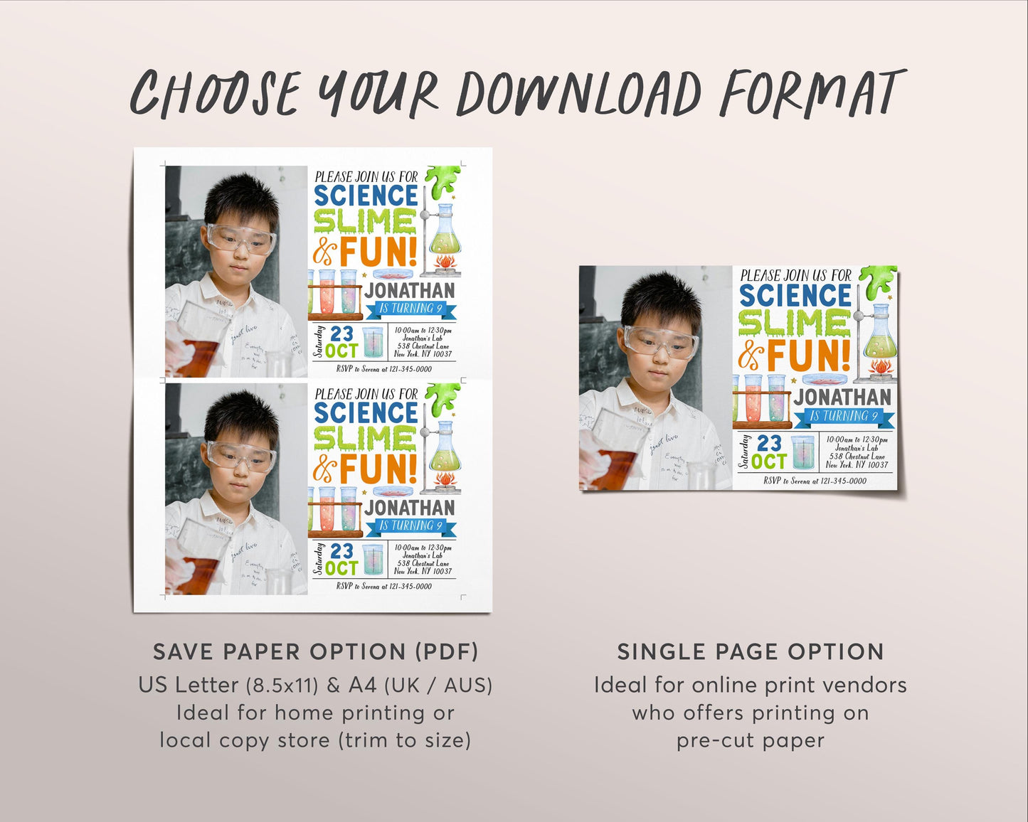 Science Slime Birthday Invitation With Photo Editable Template, Boy Scientist Slime Experiment Party Invite, Kid Professor Science Lab Evite