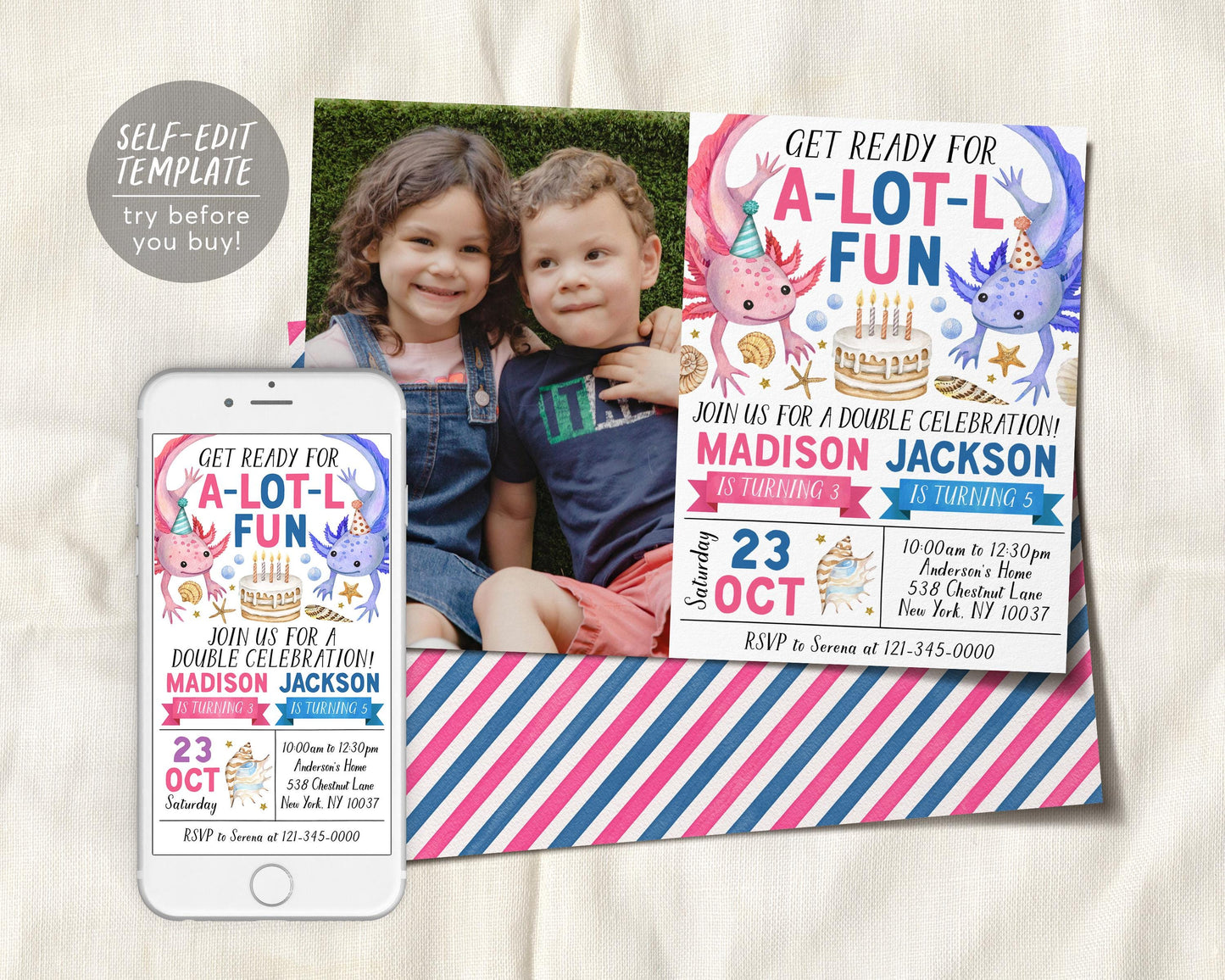 Axolotl Joint Siblings Birthday Invitation Editable Template
