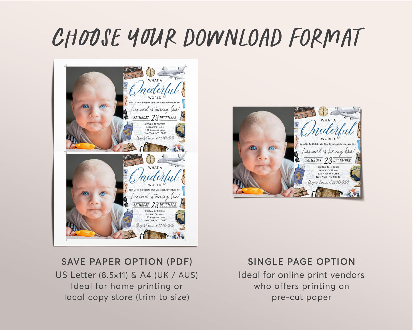 What A Onederful World First Birthday Invitation With Photo Editable Template, Boy Travel Around the World Party Invite, Vintage Map Evite
