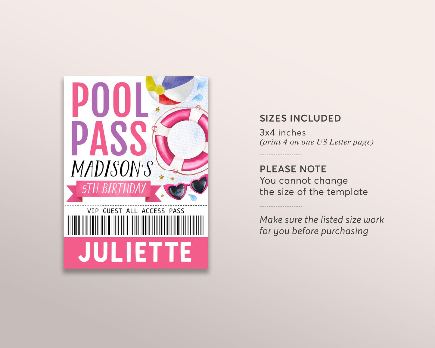Pool Party Birthday VIP Pass Editable Template, Girl Summer Swimming Pool Pass Party All Access Pass, Guest Name Tag Insert ID Badge Lanyard