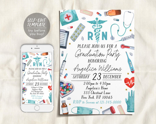 Nursing School Graduation Invitation Editable Template