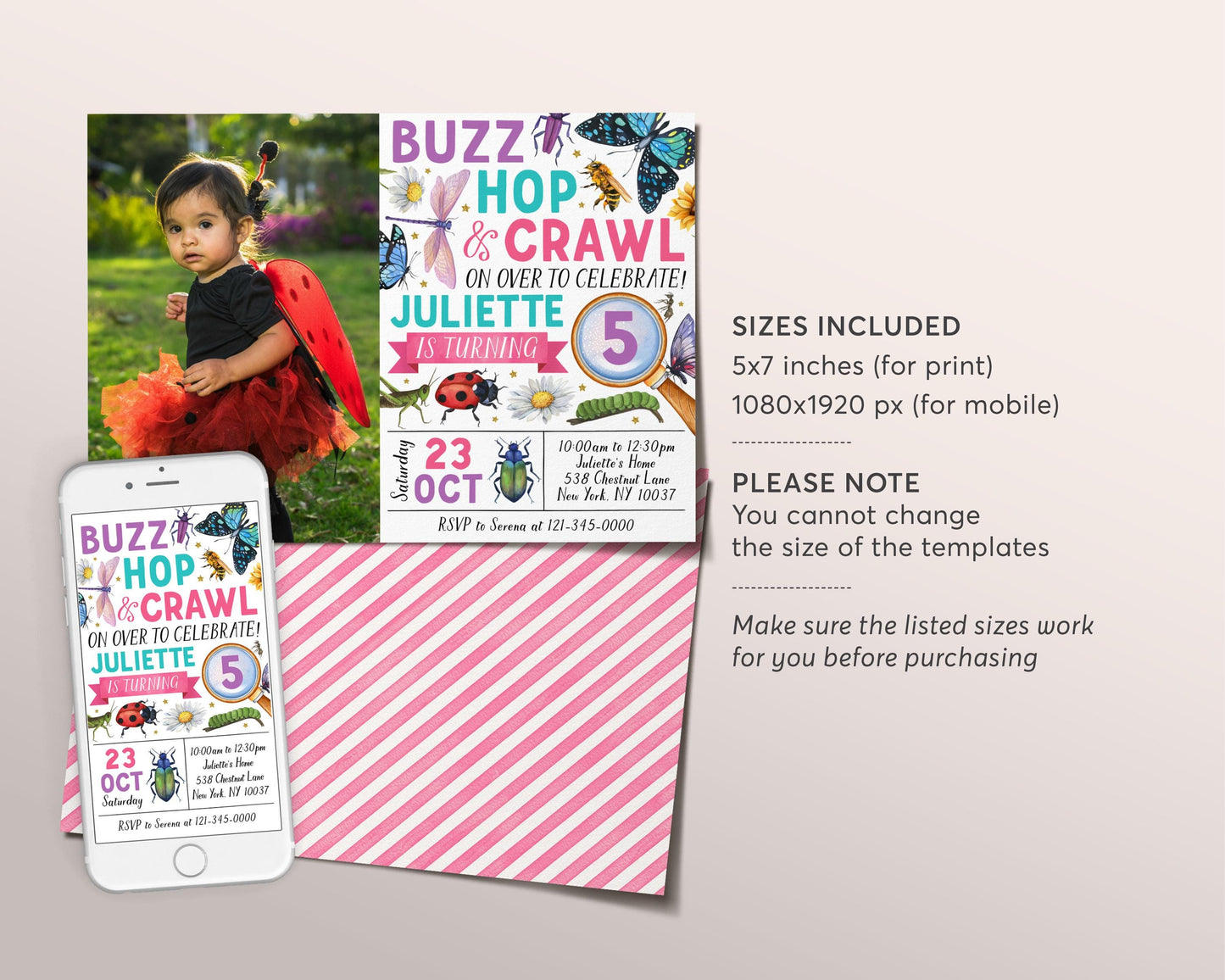 Insect Bugs Birthday Invitation With Photo Editable Template, Girl Buzz Hop Crawl Party Invite, Kids Bugging Out Butterfly Hunt Garden Evite
