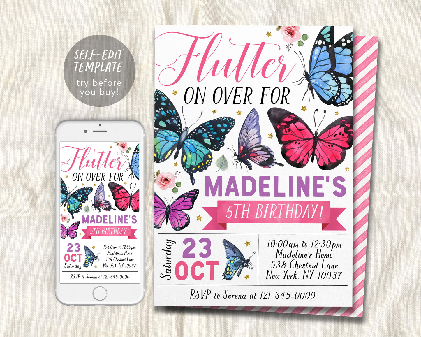 Butterfly Birthday Invitation Editable Template