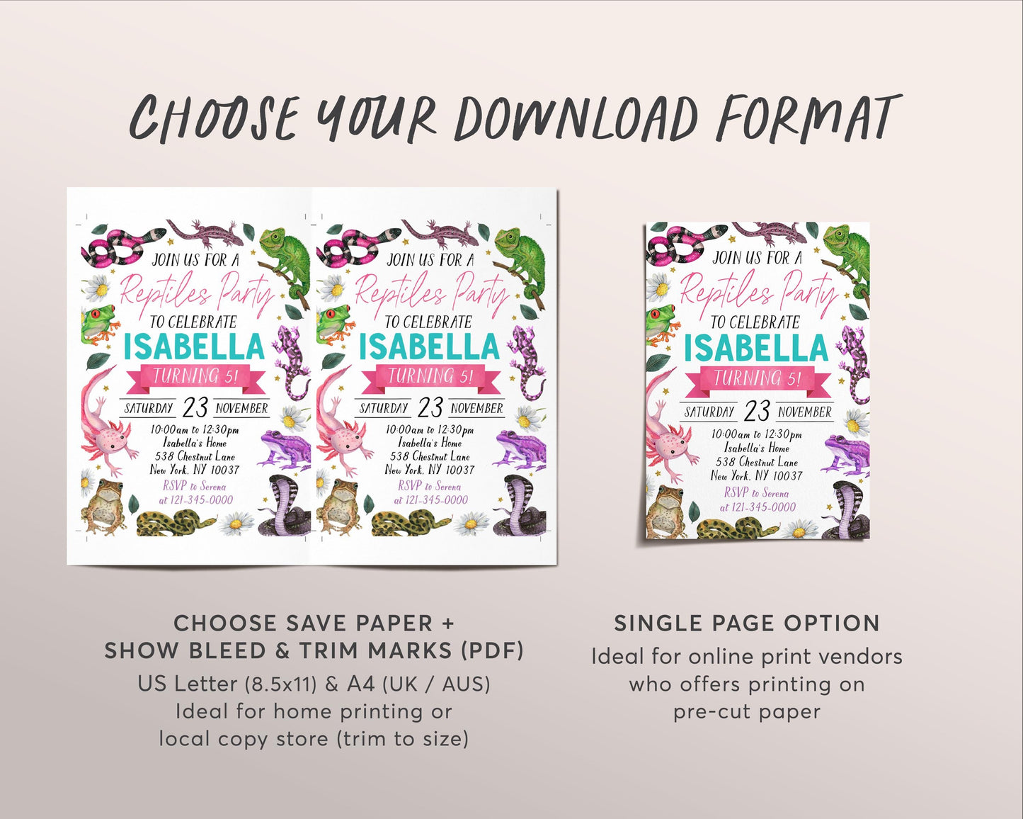 Reptiles Birthday Invitation Editable Template, Girl Reptile Nature Theme Party Invite, Kids Snake Lizard Frog Creepy Crawly Outdoor Evite