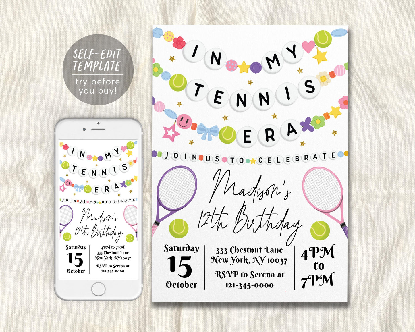 In My Tennis Era Birthday Invitation Editable Template