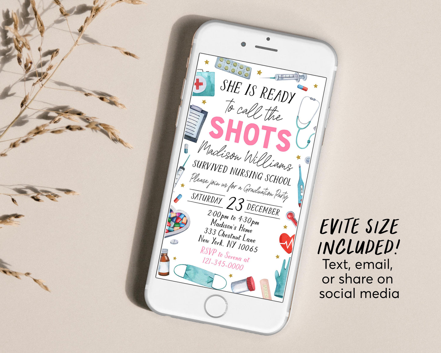 Nurse Graduation Invitation Editable Template, Nurse Graduation Announcement Party Invite, Nursing School Grad Ready to Call the Shots Evite