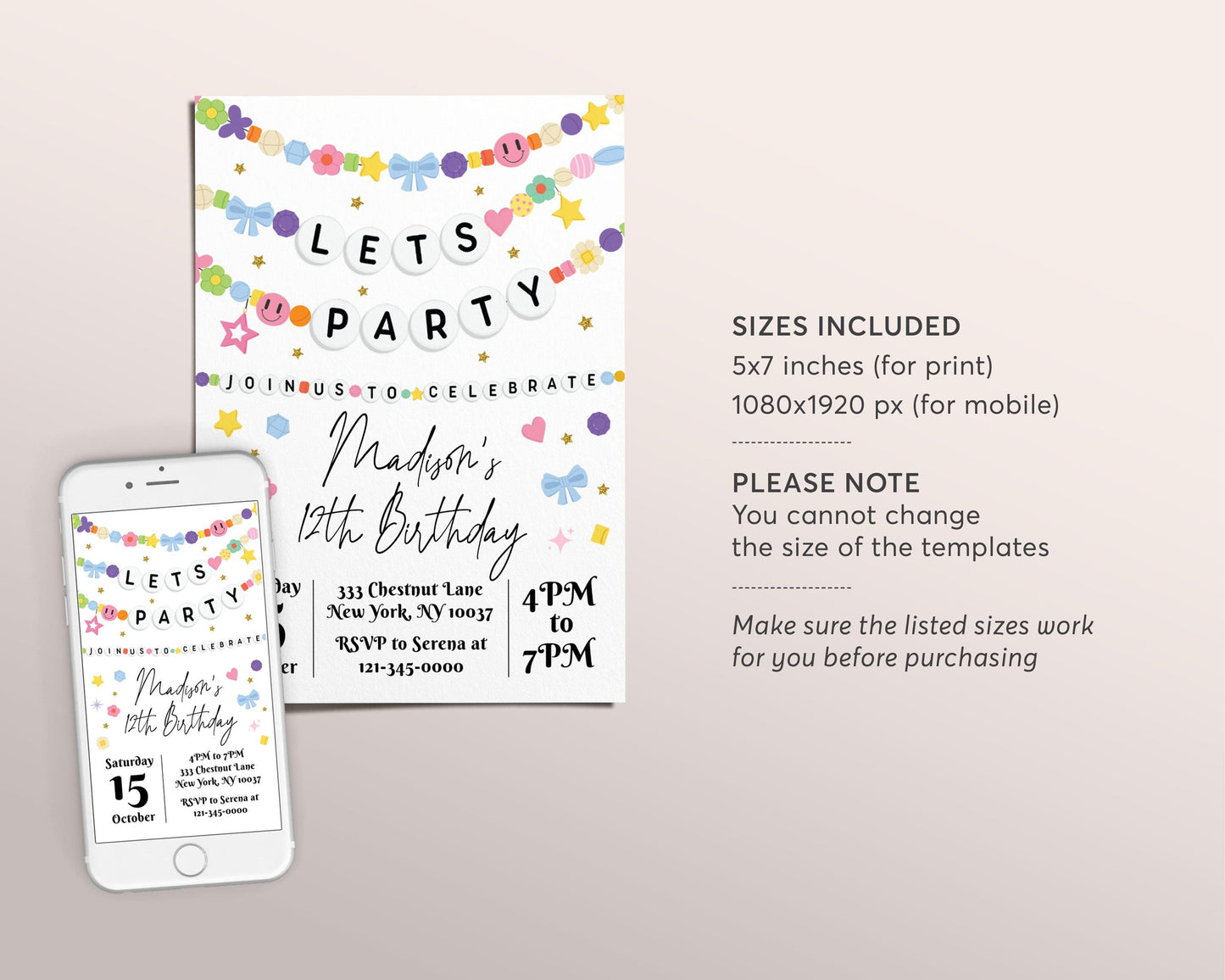 Friendship Bracelet Birthday Invitation Editable Template, Bracelet Making Party Invite, Let's Party Girl Jewelry Making Beads Party Evite