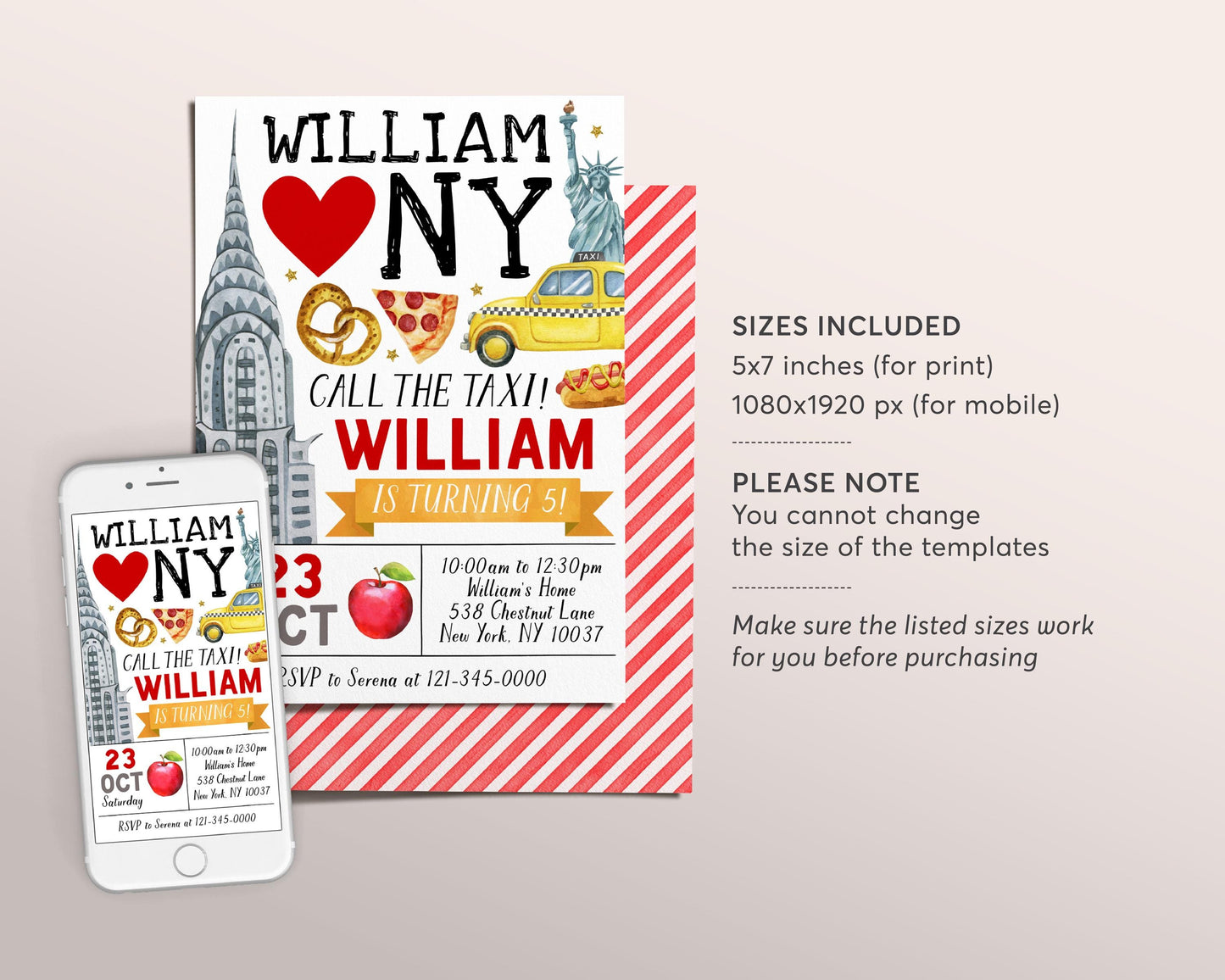 New York City Birthday Invitation Editable Template, Unisex NYC Party Invite, Big Apple Kids Tween Teen Evite, Pretzel Pizza Taxi Printable