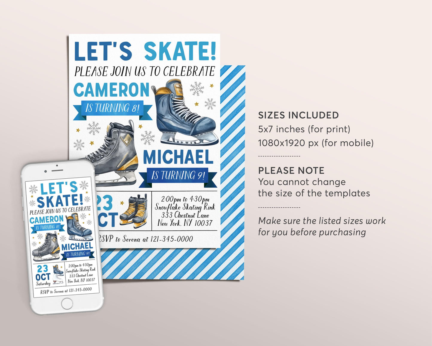 Ice Skating Joint Siblings Birthday Invitation Editable Template, Brothers Ice Hockey Skating Party Invite, Sports Let's Skate Rink Evite