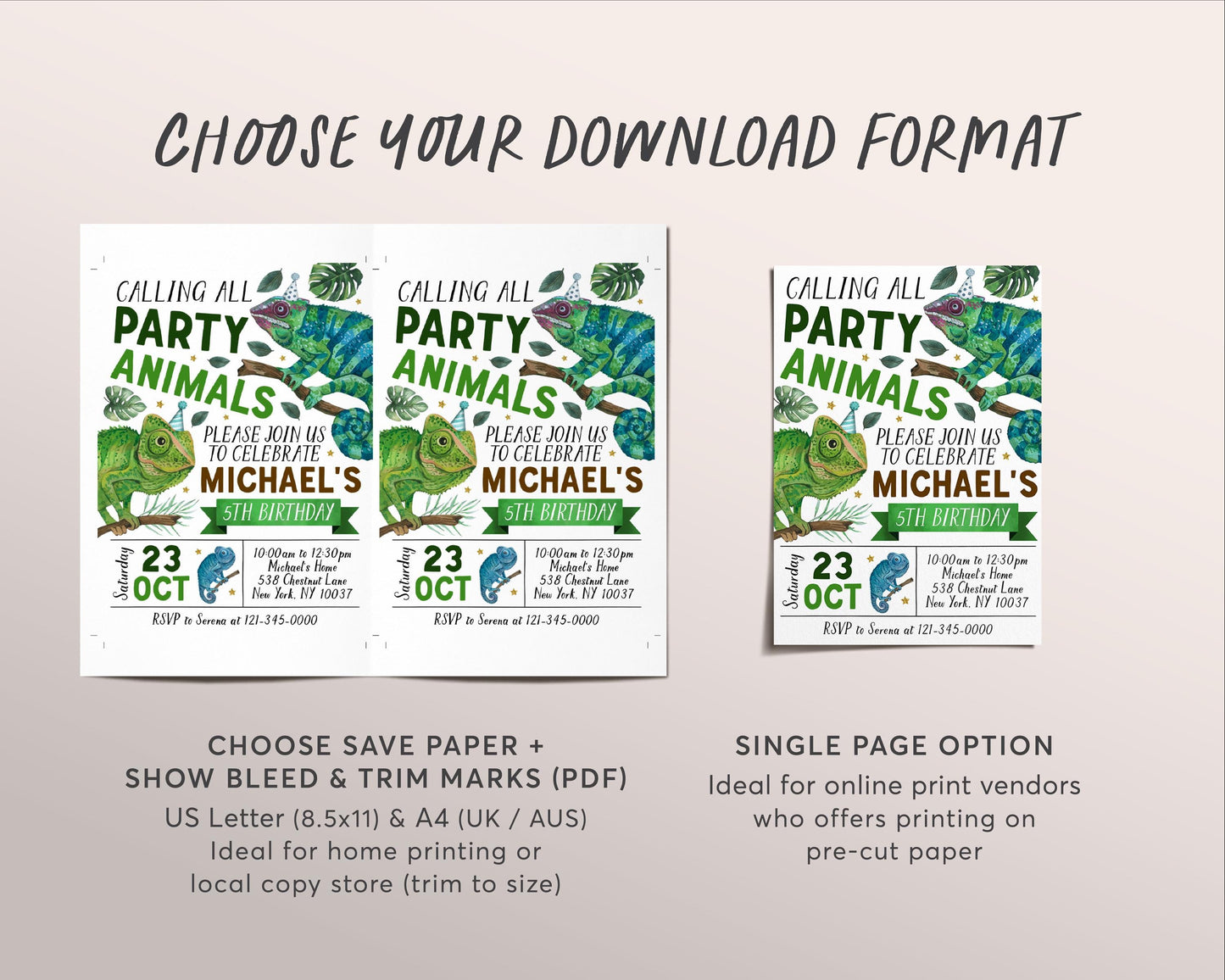 Chameleon Birthday Invitation Editable Template, Boy Reptile Lizard Party Animal Invite, Kids Chameleons Theme Nature Jungle Party Hat Evite