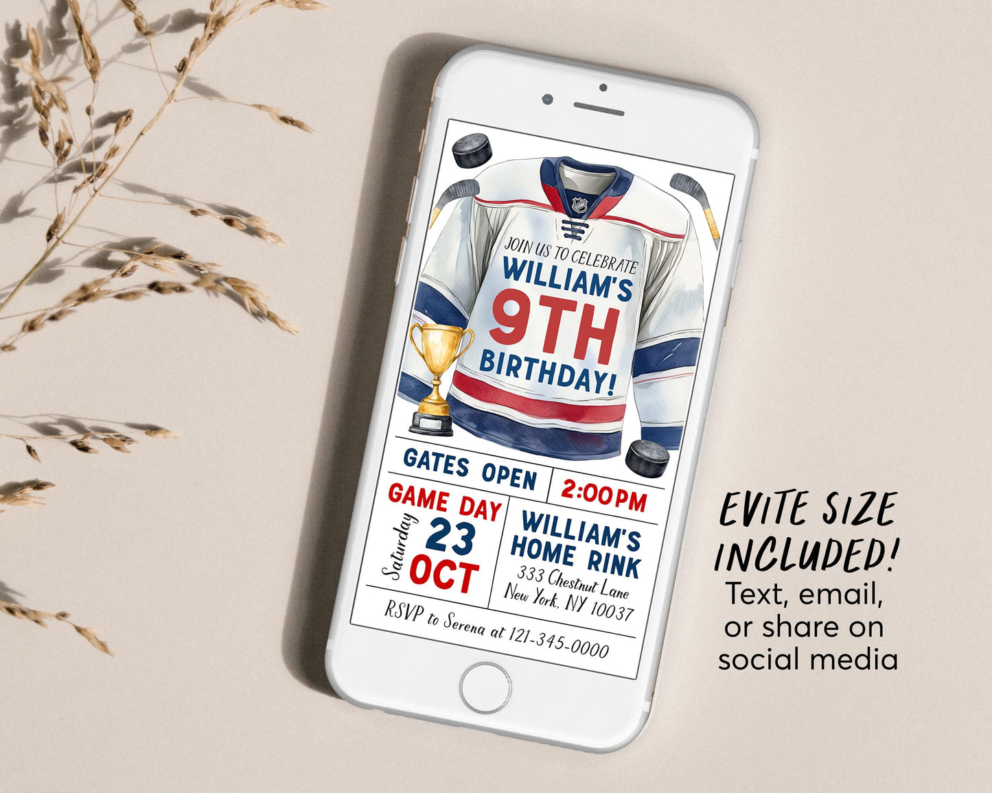 Hockey Birthday Invitation Editable Template, Boy Ice Skating Rink Ice Hockey Jersey Theme Invite, Sports Game Time Puck Stick Trophy Evite