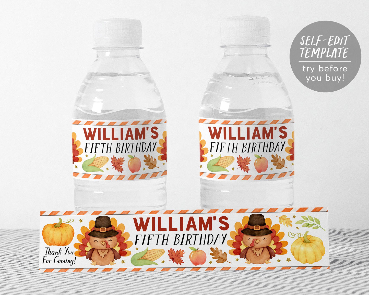 Little Turkey Water Bottle Labels Editable Template