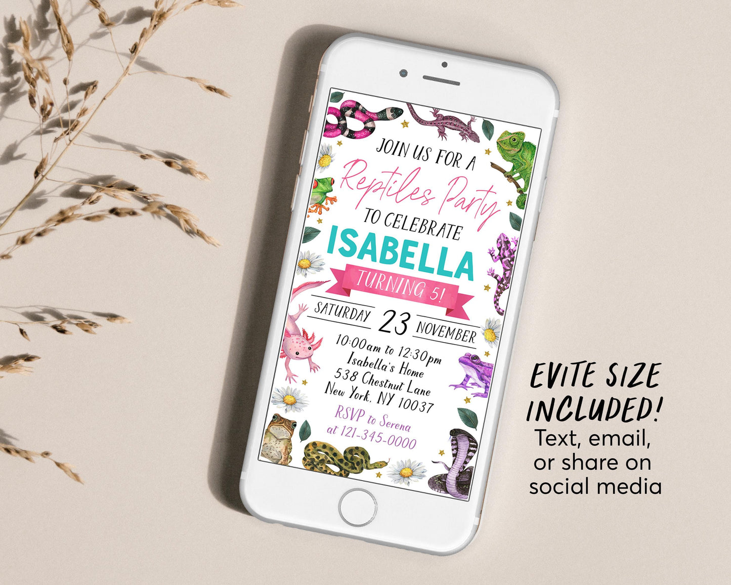 Reptiles Birthday Invitation Editable Template, Girl Reptile Nature Theme Party Invite, Kids Snake Lizard Frog Creepy Crawly Outdoor Evite