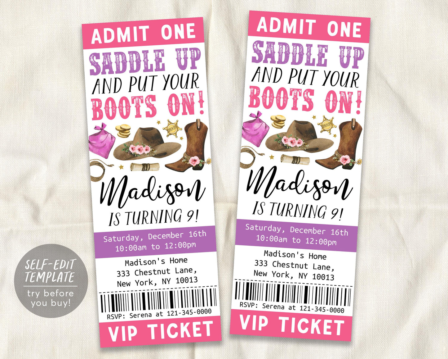Rodeo Birthday Ticket Invitation Editable Template