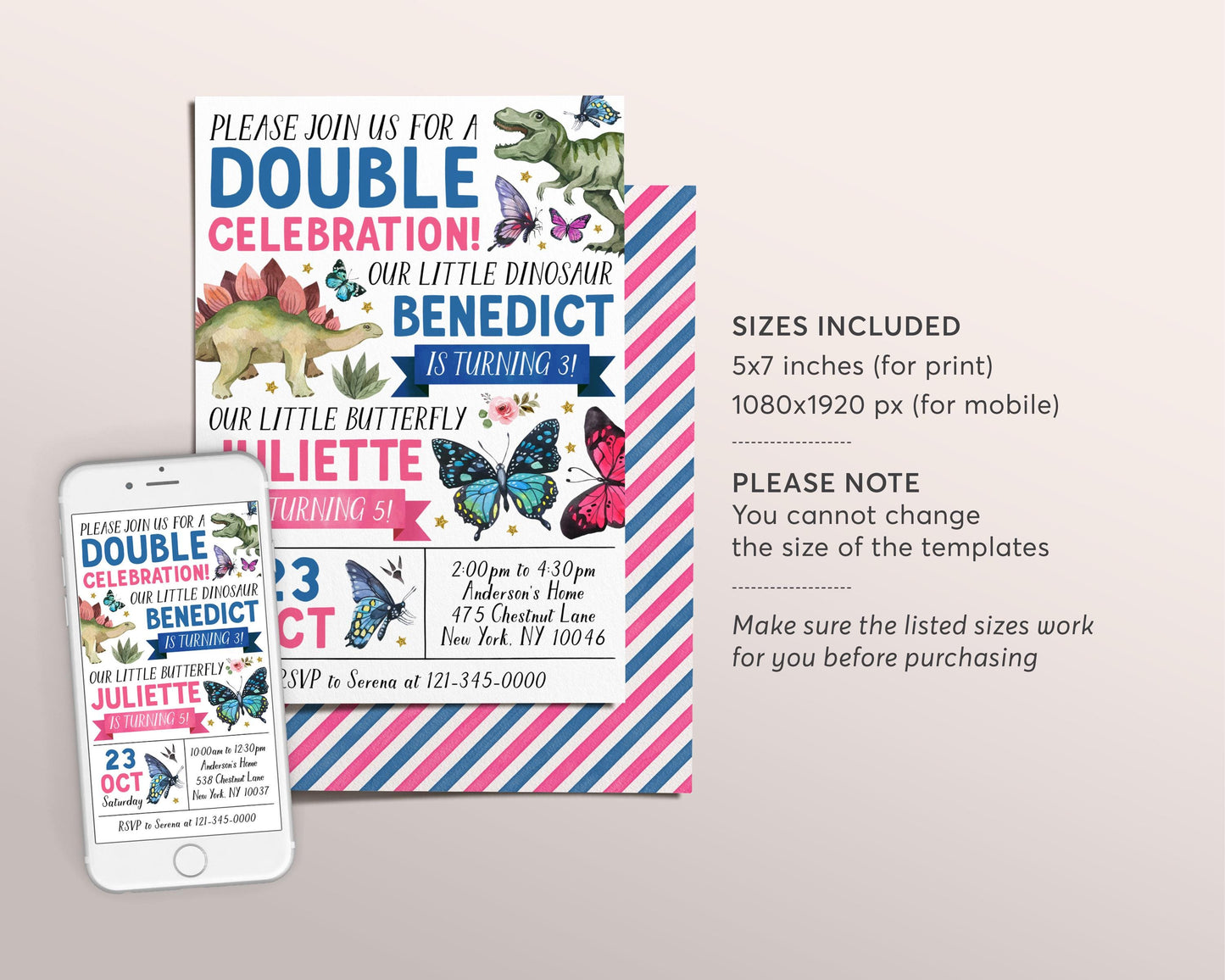 Dinosaur Butterfly Joint Siblings Birthday Invitation Editable Template, Girl Boy Butterflies T-Rex Party Invite Double Celebration Evite
