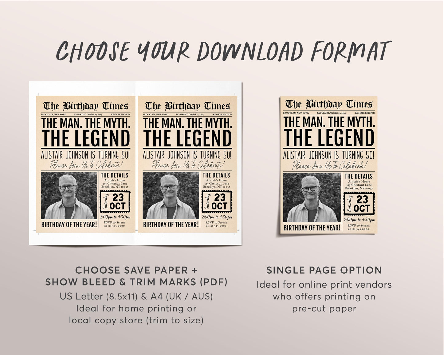The Man The Myth The Legend Birthday Invitation Editable Template, Vintage Newspaper 30th 40th 50th Adult Birthday Party Invite With Photo
