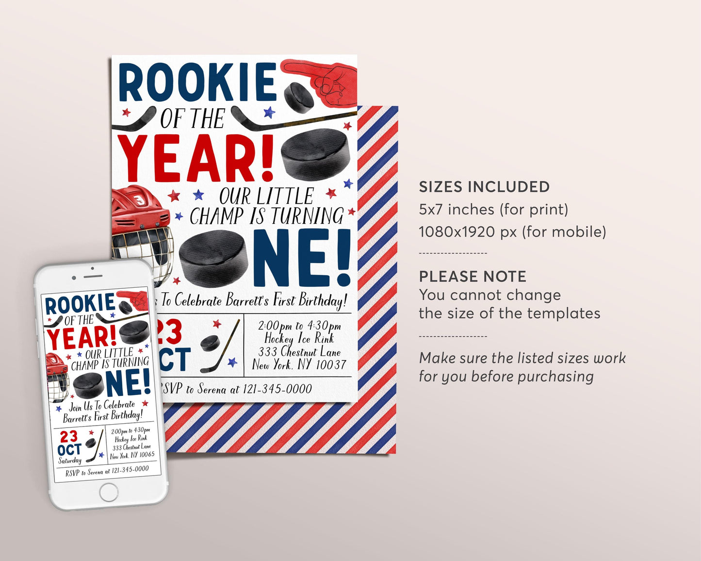 Ice Hockey First Birthday Invitation Editable Template, Boy Rookie Of The Year Ice Skating Hockey Invite, Kids Sports Theme Game Day Evite