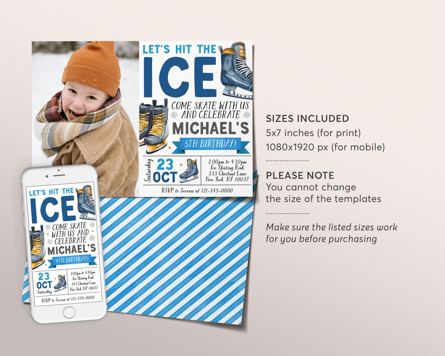 Ice Skating Birthday Invitation With Photo Editable Template, Boy Ice Hockey Skating Party Invite, Let's Hit The Ice Sports Skate Rink Evite