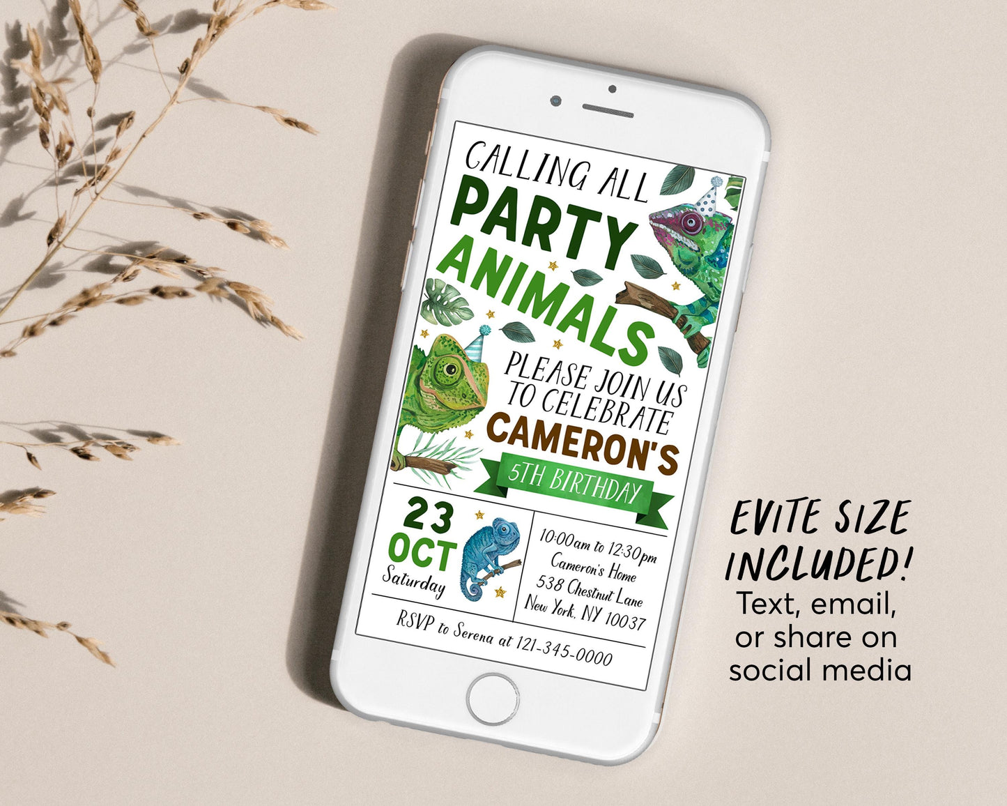 Chameleon Birthday Invitation With Photo Editable Template, Boy Reptile Lizard Party Animal Invite, Kids Chameleons Nature Jungle Evite